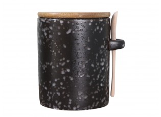 Černá porcelánová dóza s dřevěným víčkem a lžičkou - Ø 9*11,5*12 cm