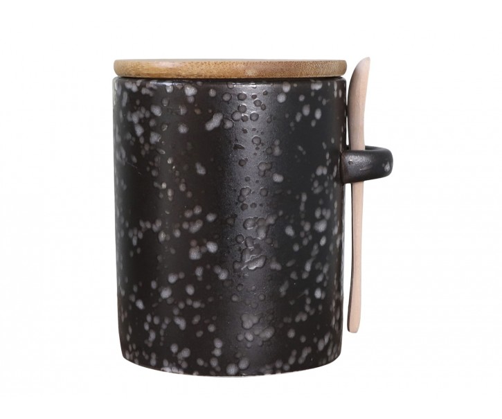 Černá porcelánová dóza s dřevěným víčkem a lžičkou - Ø 9*11,5*12 cm