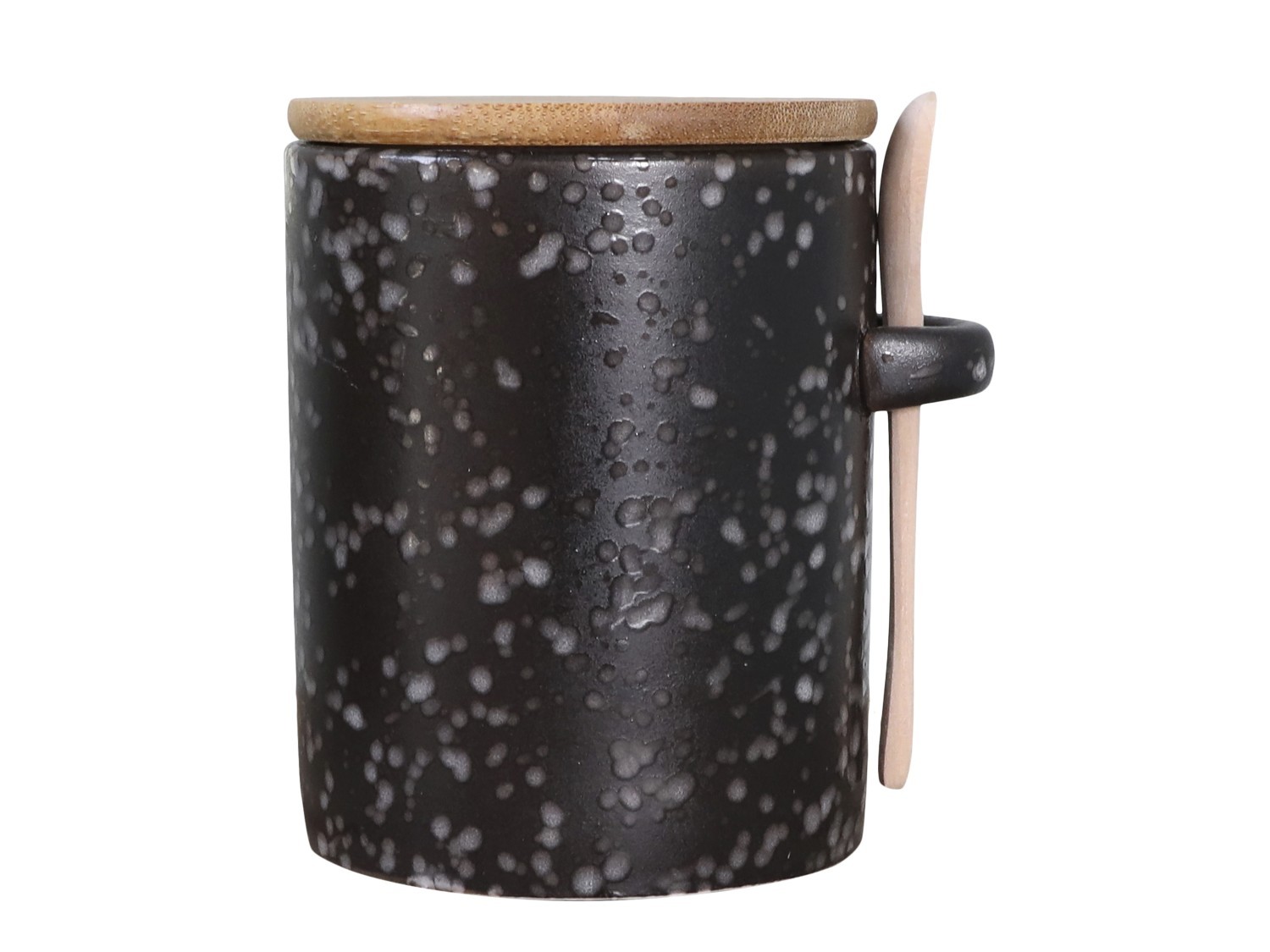 Levně Černá porcelánová dóza s dřevěným víčkem a lžičkou - Ø 9*11,5*12 cm 61064224 (61642-24)