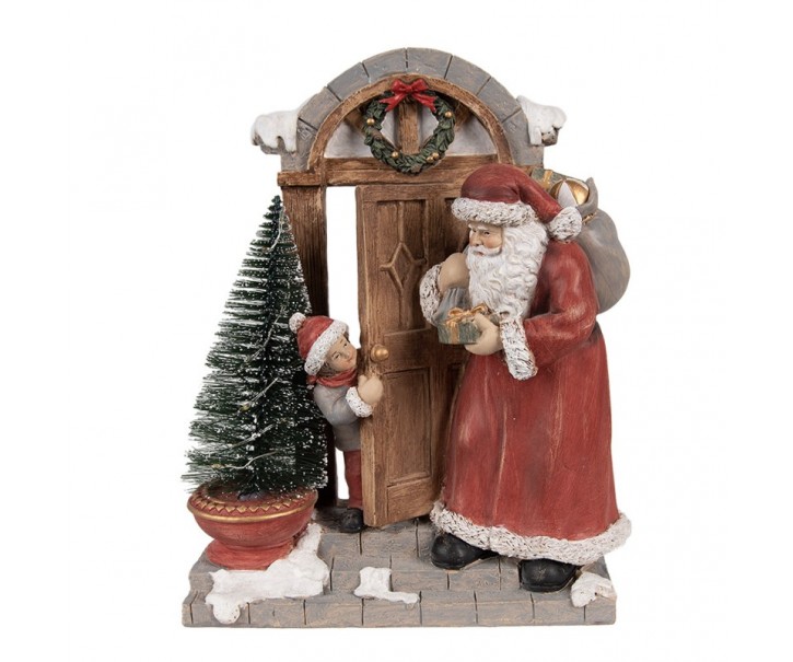 Dekorace Santa u dvěří s pytlem dárků a stromkem s Led světýlky - 18*8*22 cm