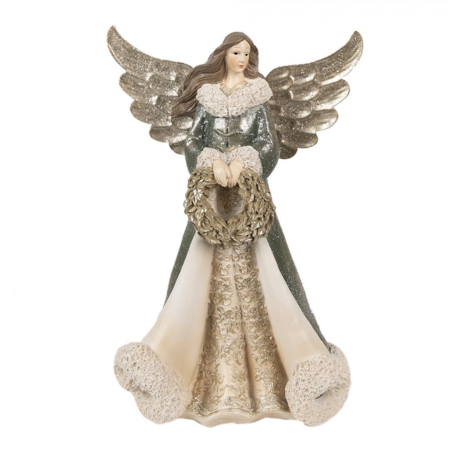 Dekorace socha Anděl s věnečkem a ve zdobných šatech - 15*10*24 cm Clayre & Eef