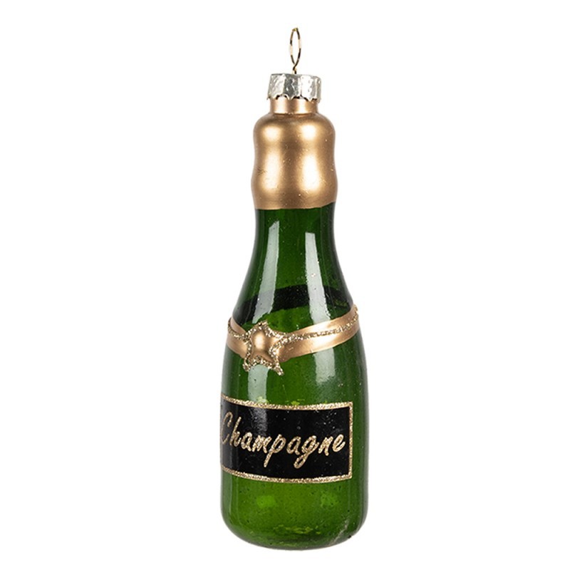 Zelená vánoční skleněná ozdoba láhev šampaňské Champagne - Ø 4*12 cm Clayre & Eef