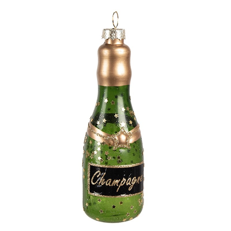 Zelená vánoční skleněná ozdoba láhev šampaňské Champagne - Ø 4*12 cm Clayre & Eef