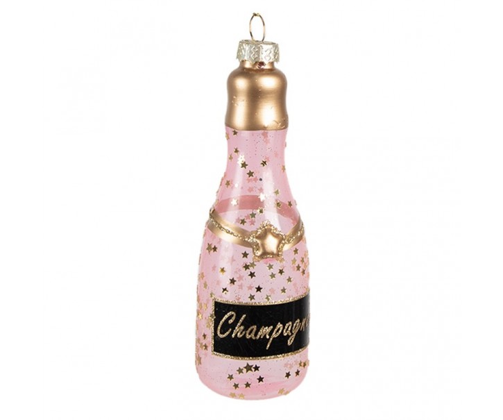 Růžová vánoční skleněná ozdoba láhev šampaňské Champagne - Ø 4*12 cm