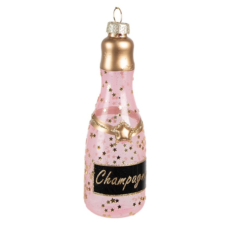Růžová vánoční skleněná ozdoba láhev šampaňské Champagne - Ø 4*12 cm 6GL4343