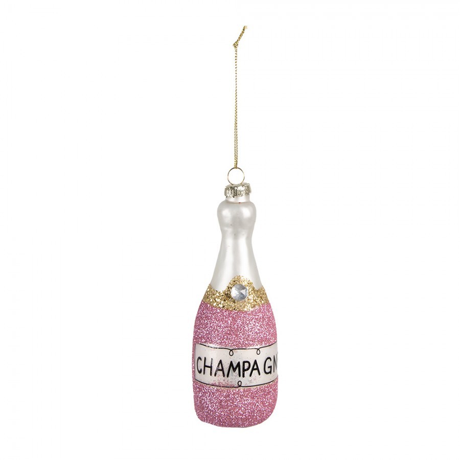 Růžová vánoční skleněná ozdoba láhev šampaňské Champagne - Ø 4*12 cm