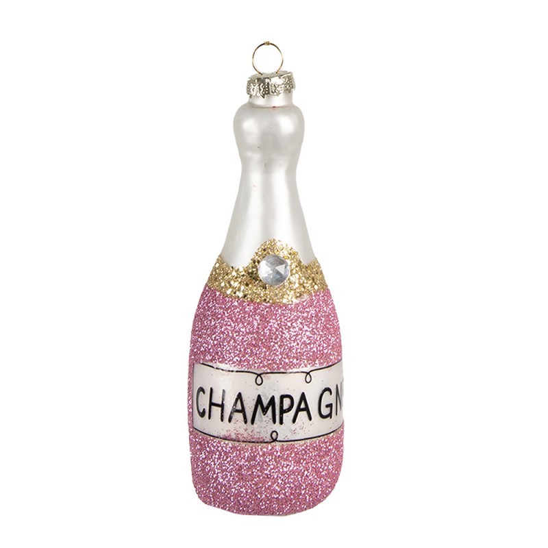 Růžová vánoční skleněná ozdoba láhev šampaňské Champagne - Ø 4*12 cm Clayre & Eef
