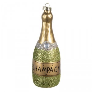 Zelená vánoční skleněná ozdoba láhev šampaňské Champagne - Ø 4*12 cm