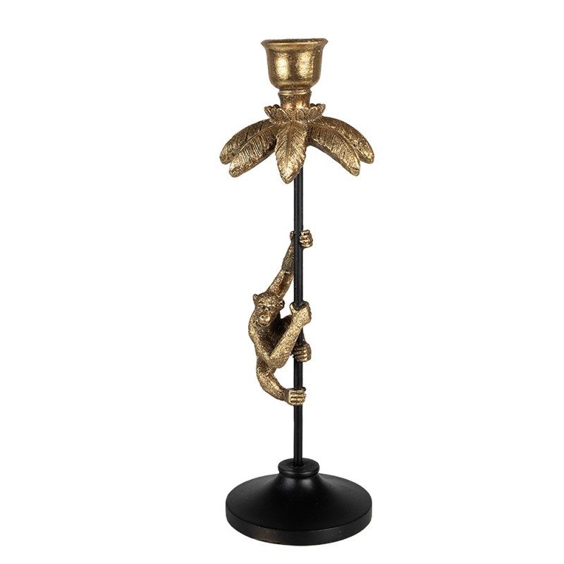 Černo - zlatý antik svícen ve tvaru palmy s opičkou Monkey - Ø 11*32 cm 65147