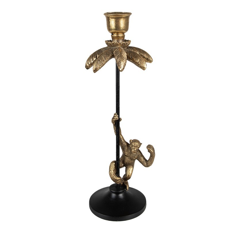 Černo - zlatý antik svícen ve tvaru palmy s opičkou Monkey - 12*11*32 cm Clayre & Eef