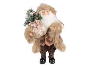 Vánoční dekorace Santa v béžovém kabátě a se stromkem - 29*20*63 cm