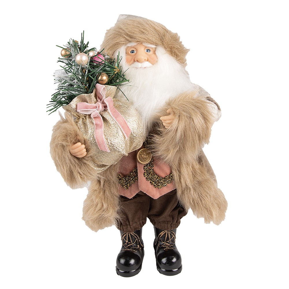 Vánoční dekorace Santa v béžovém kabátě a se stromkem - 29*20*63 cm Clayre & Eef