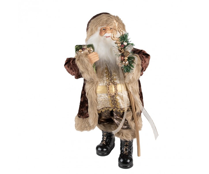 Vánoční dekorace Santa v hnědém kabátě a s holí - 29*20*63 cm