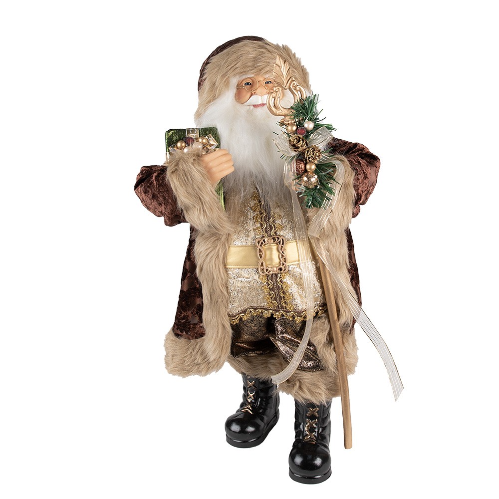 Vánoční dekorace Santa v hnědém kabátě a s holí - 29*20*63 cm Clayre & Eef