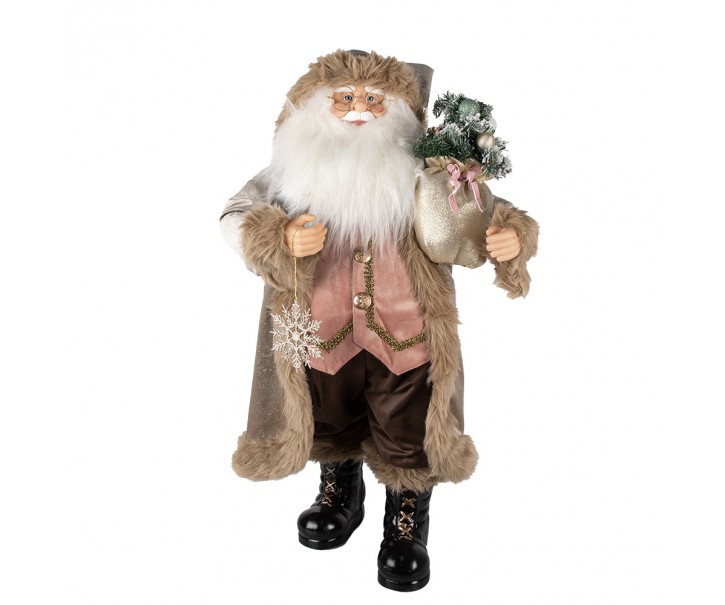 Vánoční dekorace Santa v béžovém kabátě a s vločkou - 37*29*82 cm