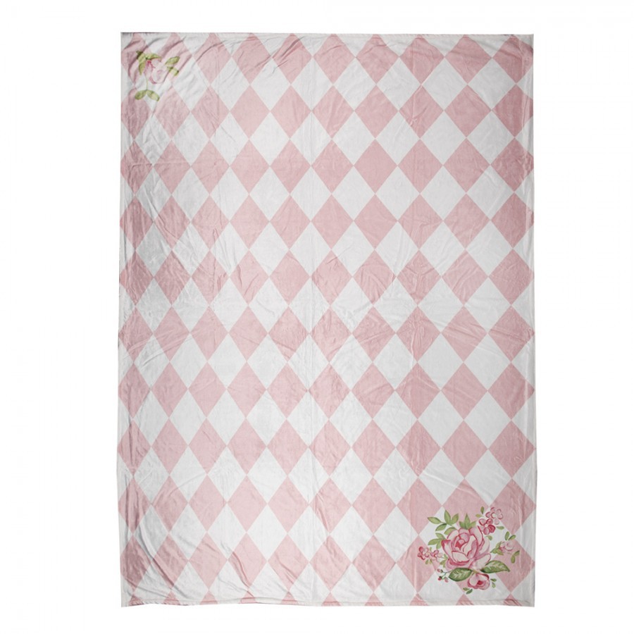 Růžový plyšový károvaný pléd s růžemi Rosé - 130*170 cm