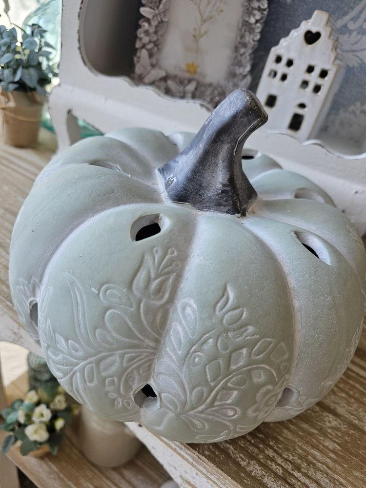 Šedo-zelená antik dekorace dýně s ornamentem Pumpkin - Ø 23*18 cm