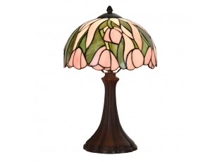 Zeleno-růžová stolní Tiffany lampa s tulipány Tulipé - Ø 27*40 cm E14/max 1*40W