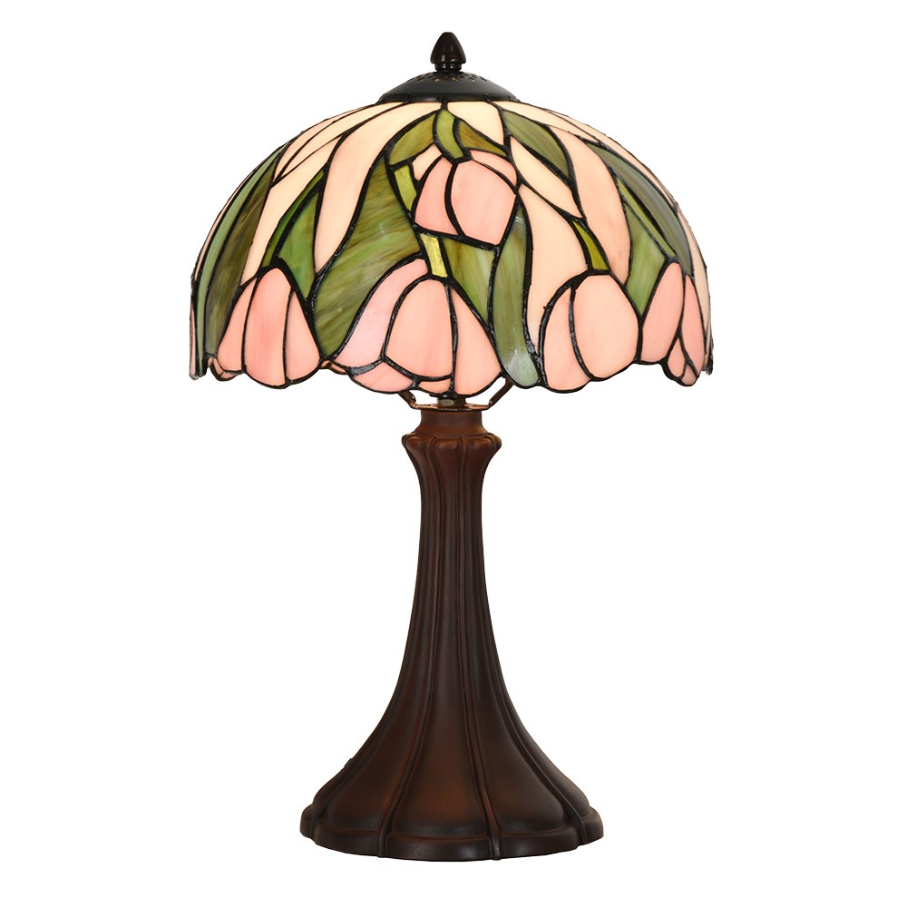 Zeleno-růžová stolní Tiffany lampa s tulipány Tulipé - Ø 27*40 cm E14/max 1*40W 5LL-6307