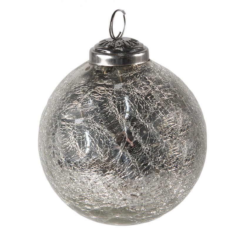 Stříbrná vánoční skleněná ozdoba koule s popraskanou strukturou - Ø 7*8 cm 6GL3848