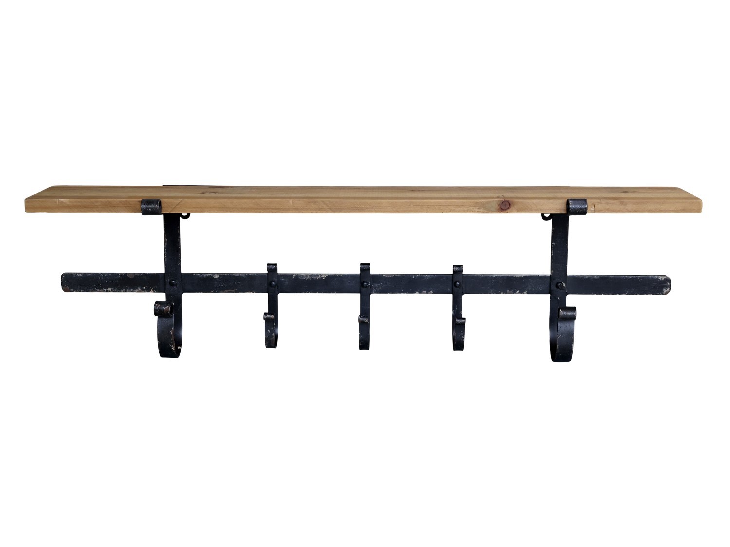 Hnědá antik dřevěná nástěnná polička s kovovými háčky Hael - 92*18*25cm