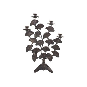 Mosazný antik kovový svícen s listy Ginkgo Old French - 34*14*46 cm