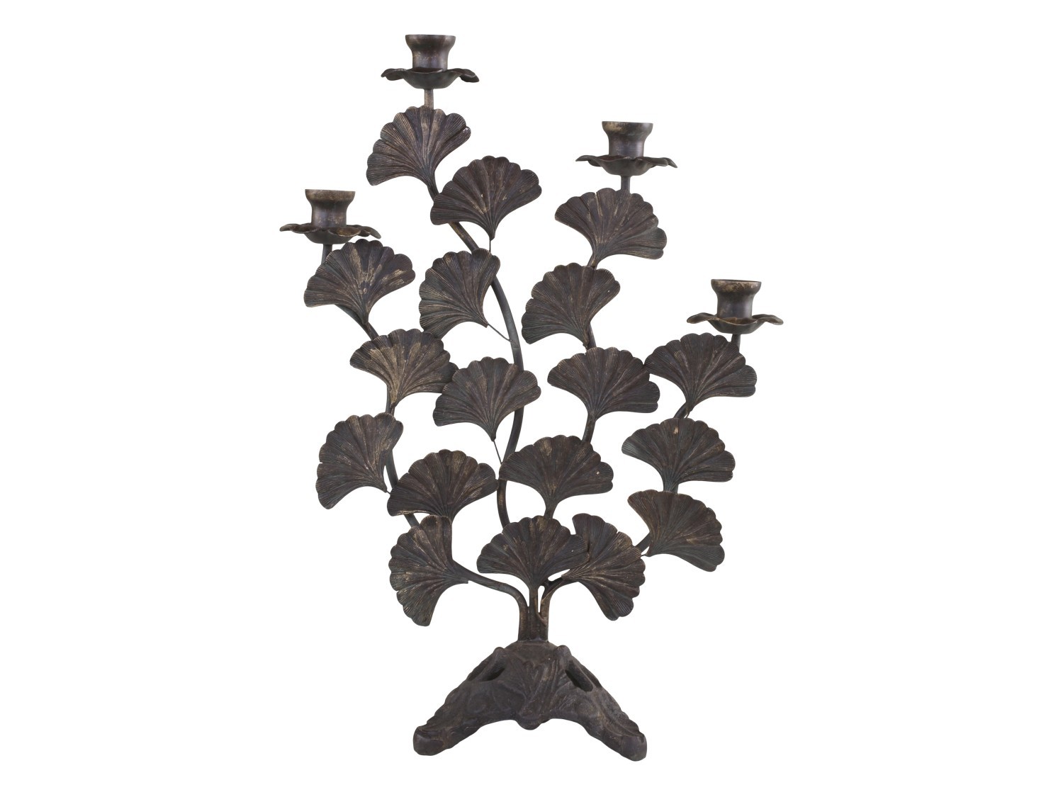 Mosazný antik kovový svícen s listy Ginkgo Old French - 34*14*46 cm