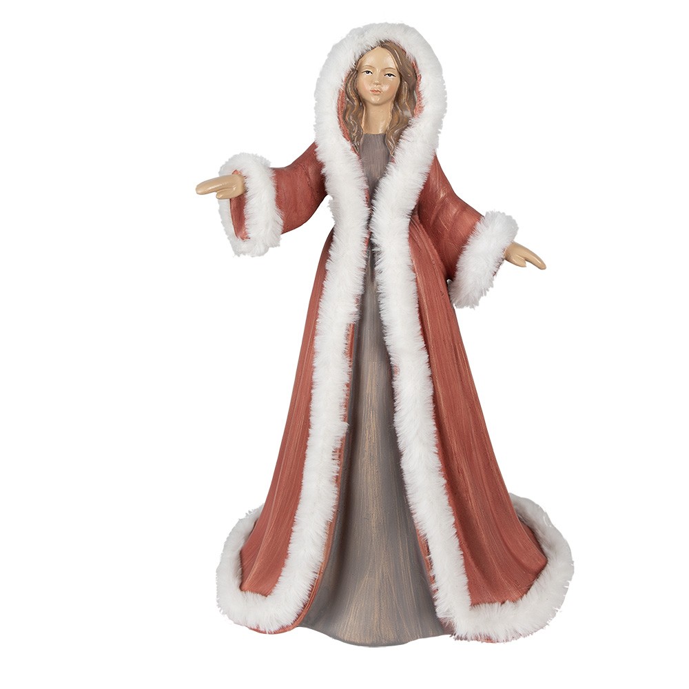 Vánoční dekorace socha Anděl v červeném kabátku s kožíškem - 26*20*40 cm 6PR4935