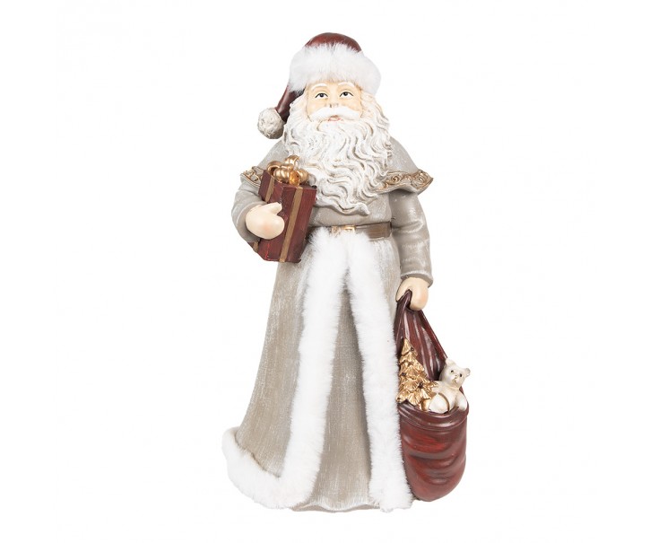 Vánoční dekorace socha Santa v šedém kabátku a dárky - 16*16*31 cm