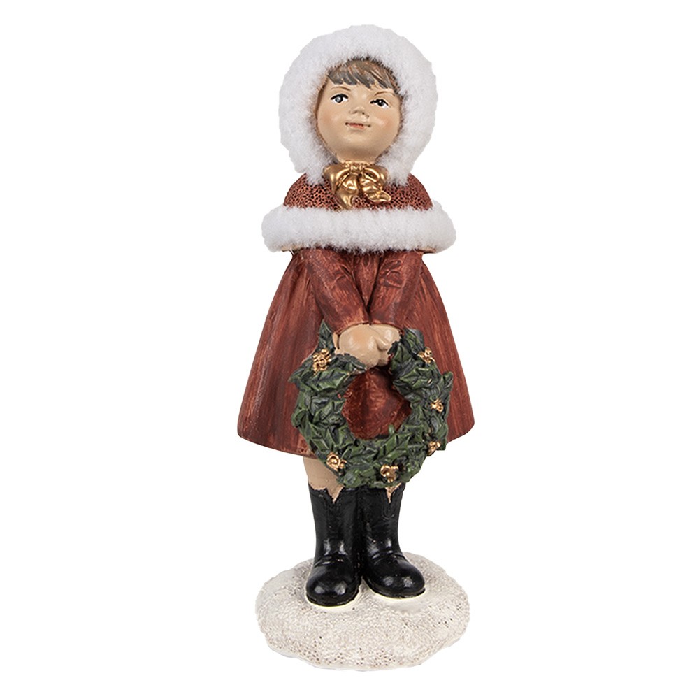 Červená vánoční dekorace socha dívka s věnečkem - 6*6*13 cm
