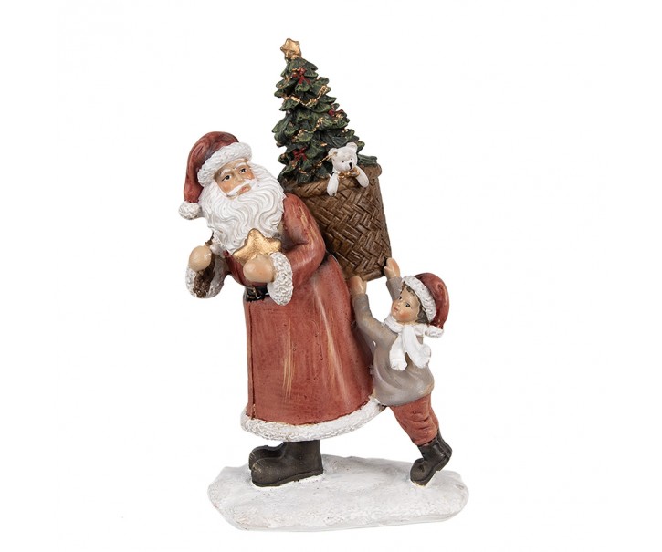 Červená vánoční dekorace Santa se stromkem v nůši a chlapcem - 17*13*27 cm