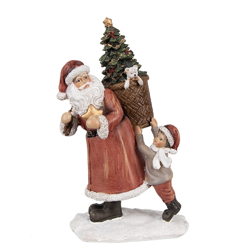 Levně Červená vánoční dekorace Santa se stromkem v nůši a chlapcem - 17*13*27 cm 6PR4958