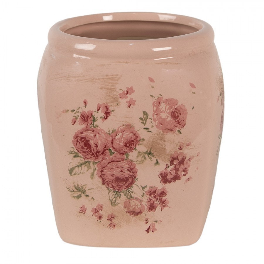Béžový keramický obal na květináč s růžemi Rósa M - 14*14*16cm Clayre & Eef