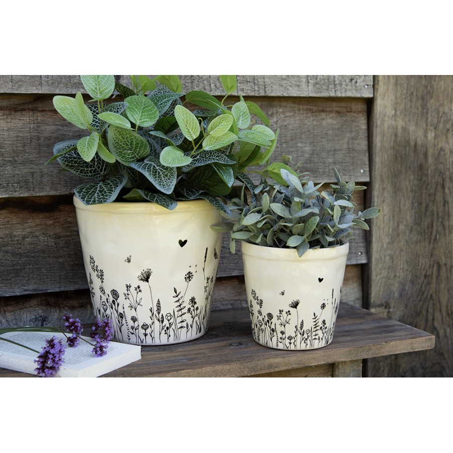 Béžový keramický obal na květináč s lučními květy Flora And Fauna XL - Ø 21*20cm