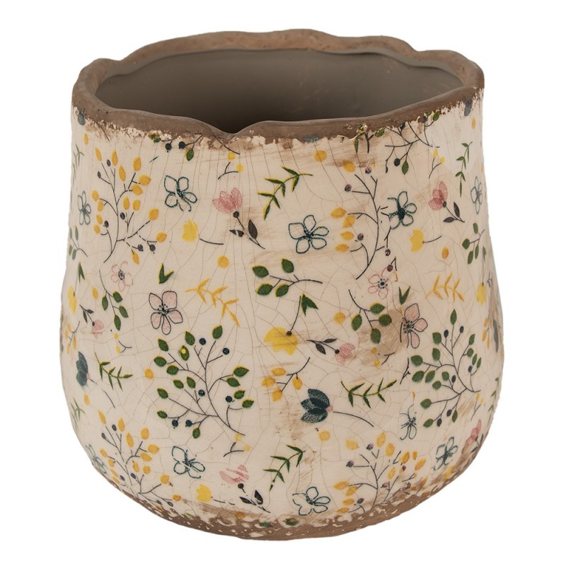 Béžový keramický obal na květináč se žlutými kvítky Ylla L - Ø 21*19 cm