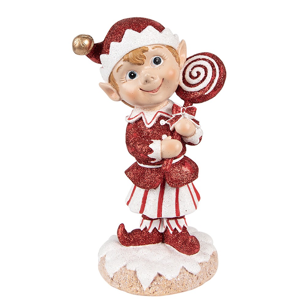 Bílo-červená vánoční dekorace Elf s lízátkem - 12*9*20 cm Clayre & Eef
