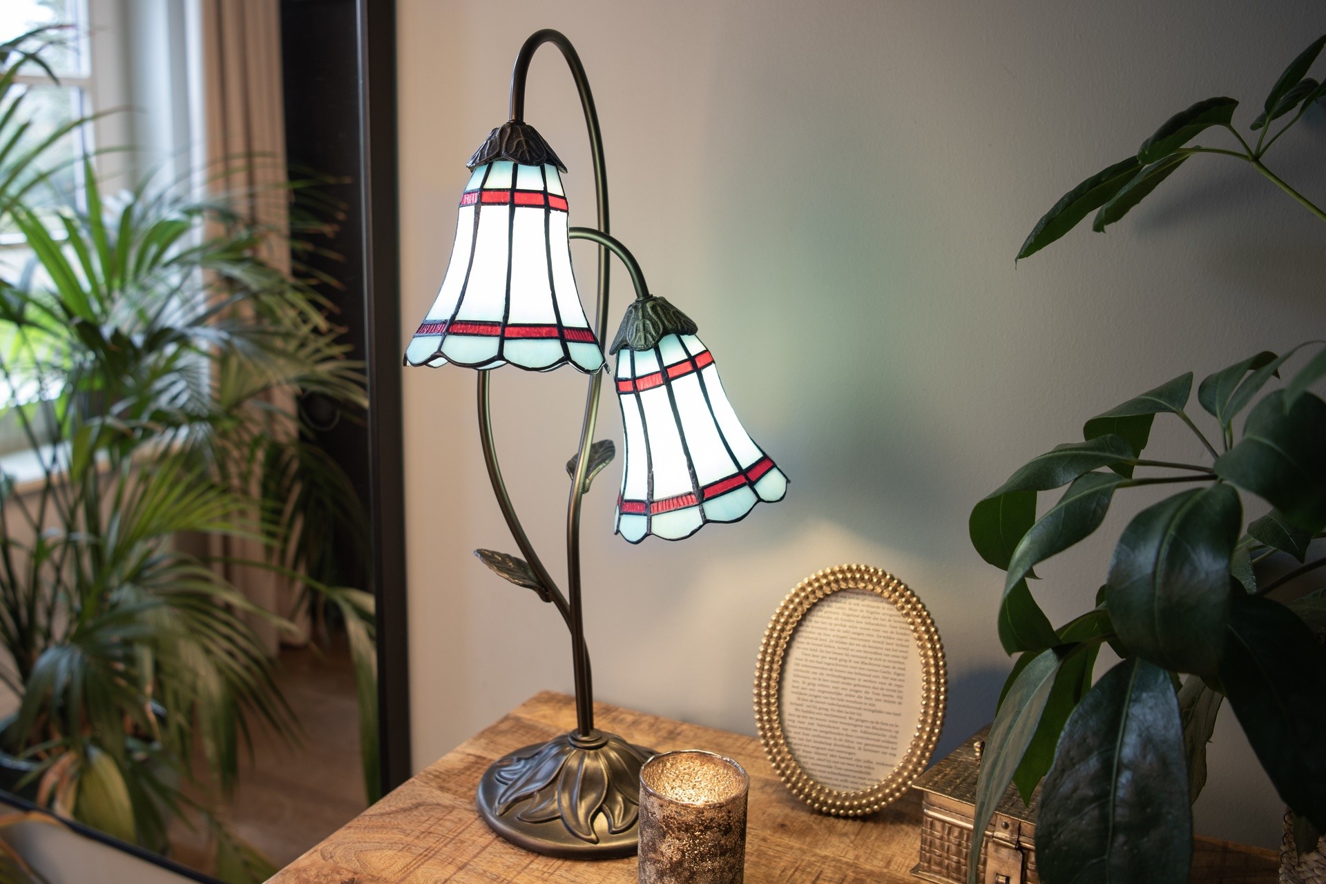 Stolní Tiffany lampa 2 stínidla červené pruhy RedLine - 35*18*61 cm E14/max 2*25W