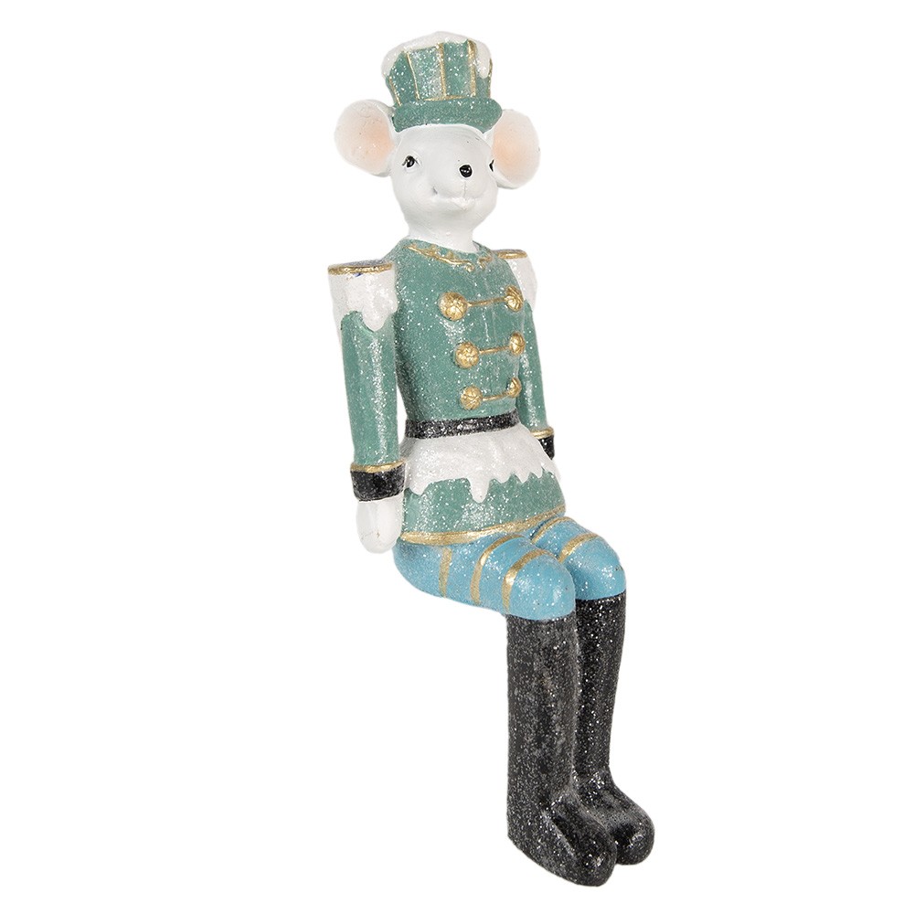Zeleno-modrá dekorace sedící socha Myška v uniformě - 10*7*19 cm