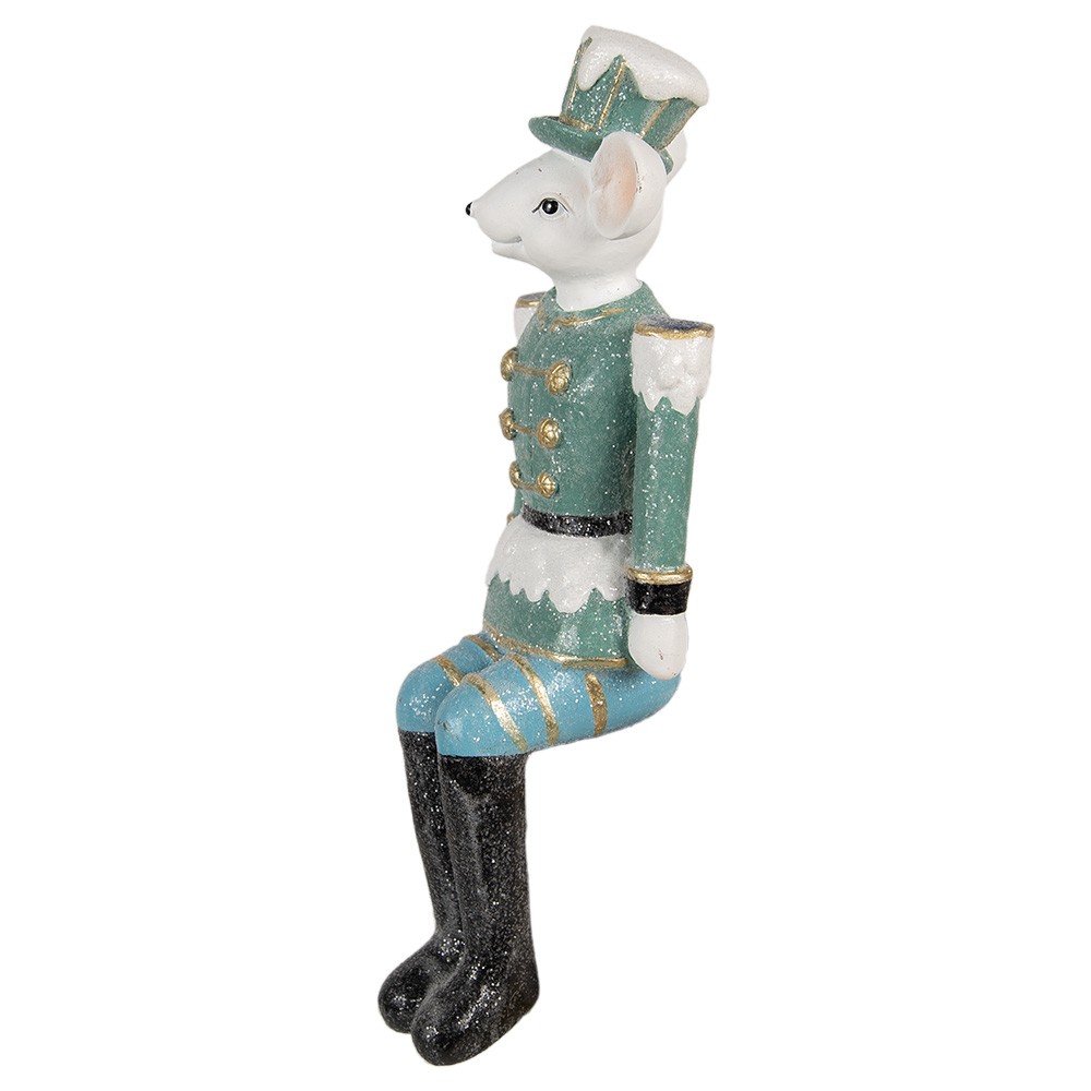 Zeleno-modrá dekorace sedící socha Myška v uniformě - 10*7*19 cm