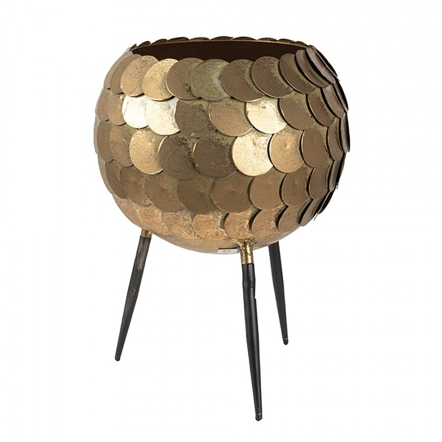 Zlatý antik kovový obal na květináč na nožkách - Ø 22*28 cm