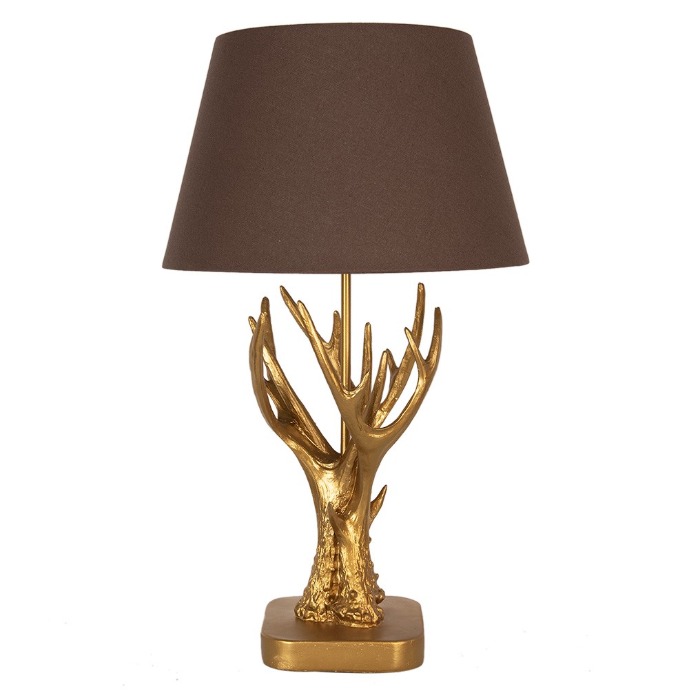 Zlatá stolní lampa s parožím a hnědým stínidlem - Ø 35*59 cm E27/max 1*60W 5LMC0024