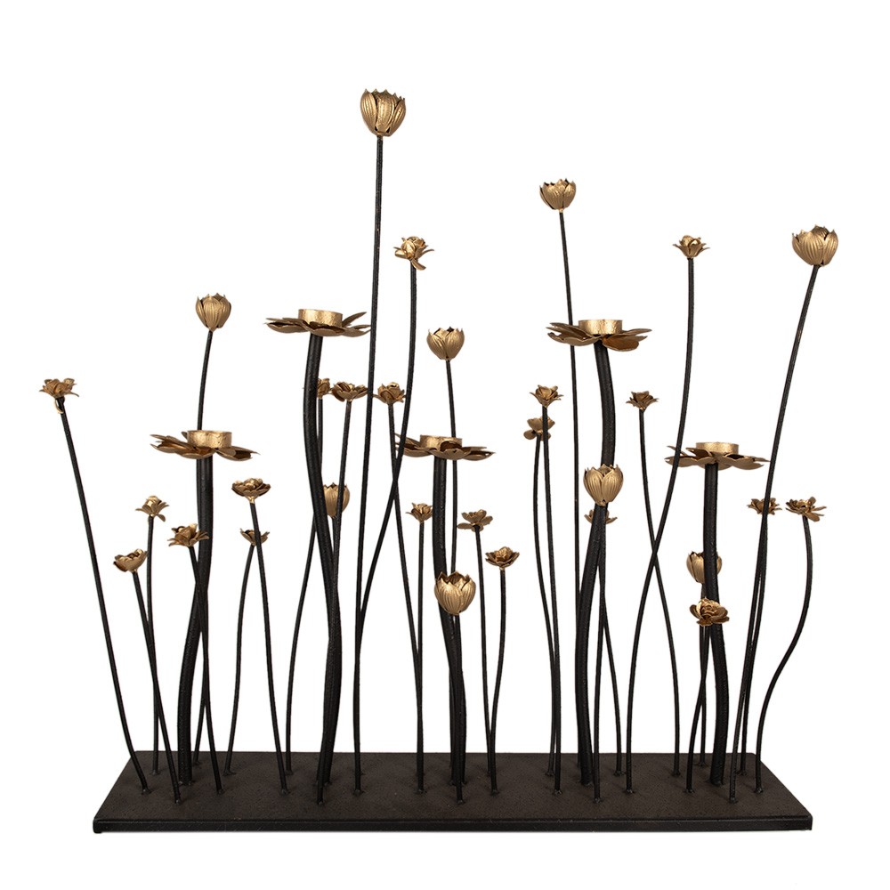 Černý kovový svícen se zlatými květy Floweri - 69*15*66 cm Clayre & Eef