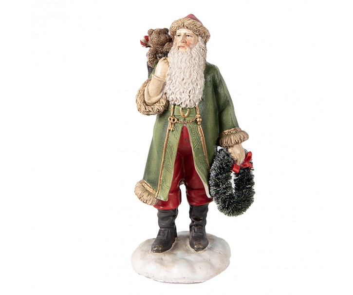 Vánoční dekorace socha Santa v zeleném s věnečkem - 7*7*15 cm