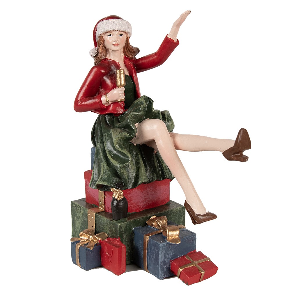 Vánoční dekorace žena sedící na dárcích - 15*10*18 cm Clayre & Eef