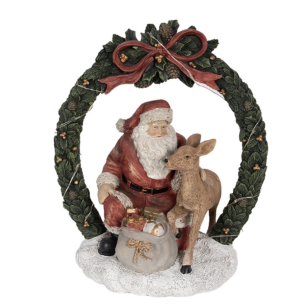 Vánoční dekorace Santa se srnečkou v zeleném věnci - 19*12*23 cm