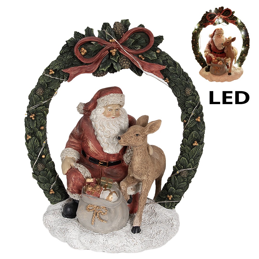 Vánoční dekorace Santa se srnečkou v zeleném věnci s Led - 19*12*23 cm Clayre & Eef