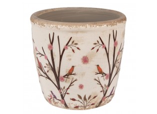 Béžový keramický obal na květináč s květy a ptáčky Birdie S - Ø 13*12 cm