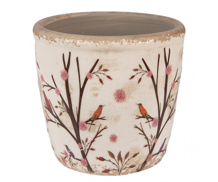 Béžový keramický obal na květináč s květy a ptáčky Birdie S - Ø 13*12 cm