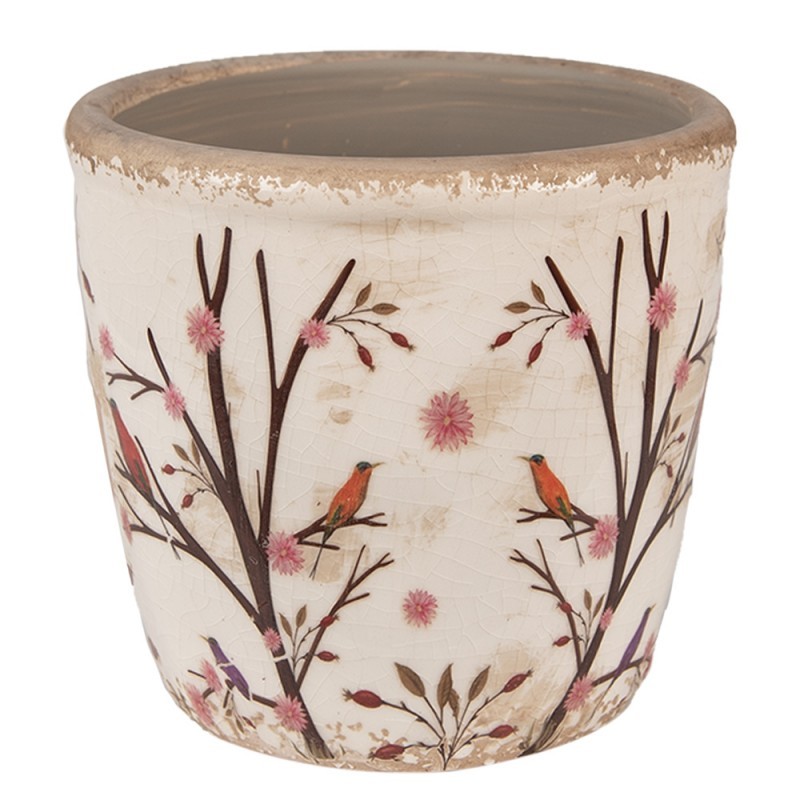 Béžový keramický obal na květináč s květy a ptáčky Birdie S - Ø 13*12 cm