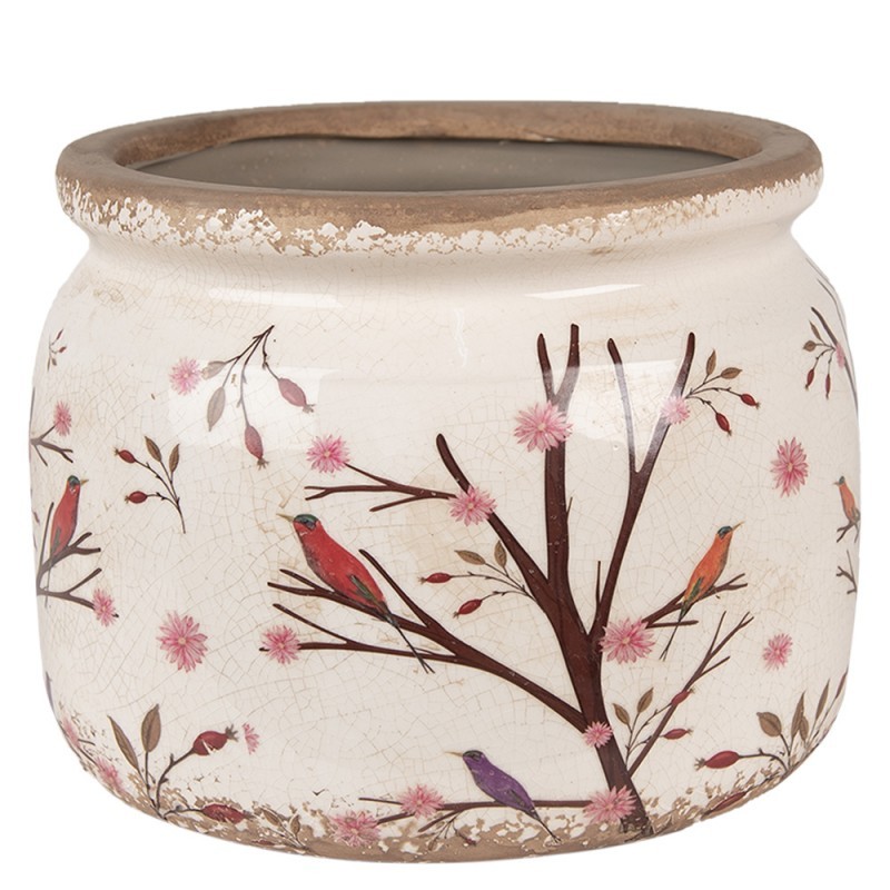 Béžový keramický obal na květináč s květy a ptáčky Birdie L - Ø 20*15 cm